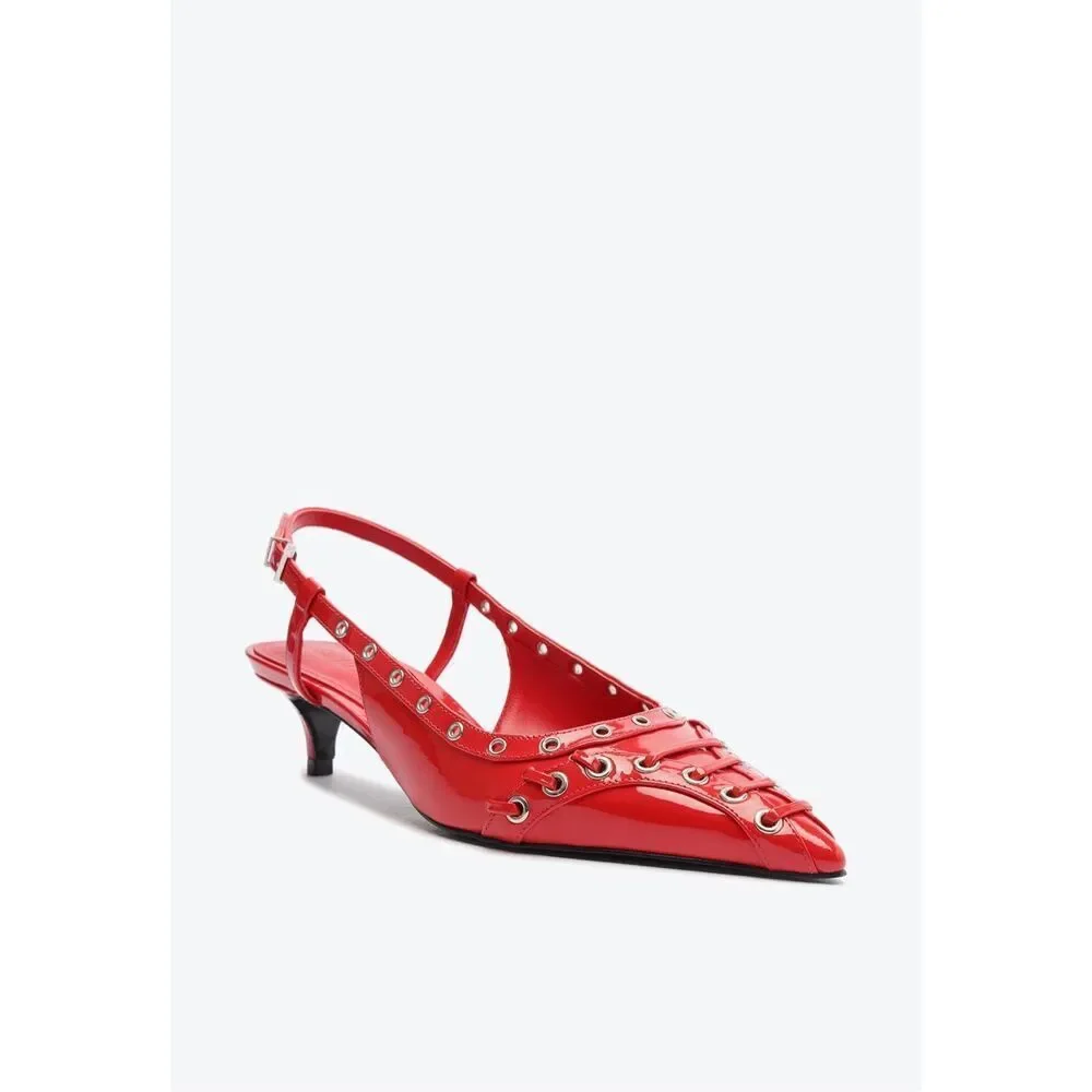 Schutz Chic Ruth 1.6” Mid Patent Leather Kitten Heel Pump Flame Scar Red 6.5